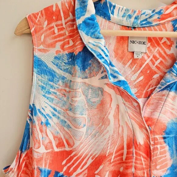 Nic+Zoe Watercolor Blooms Dress, Sleeveless Tropical Print Size Large Blue/Coral - Picture 6 of 10